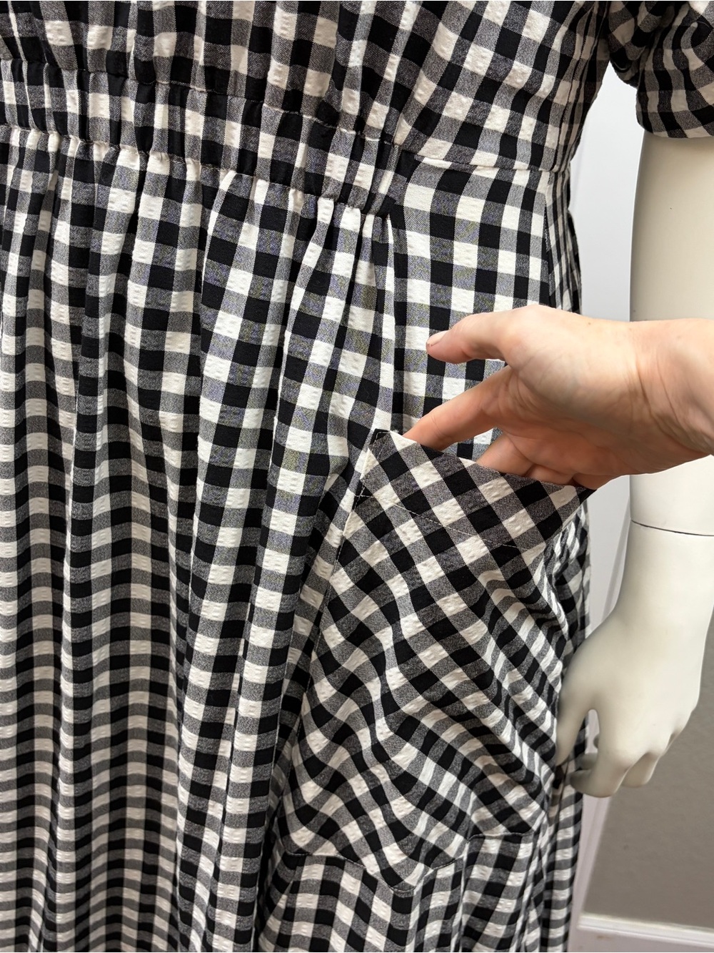ALIGNE Harlin Black White Gingham Midi Dress Puff Sleeves Pockets UK 18 US 14 - Picture 3 of 12